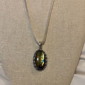 Sterling Silver Labradorite Pendant Necklace - Olive Green Blue Sheen